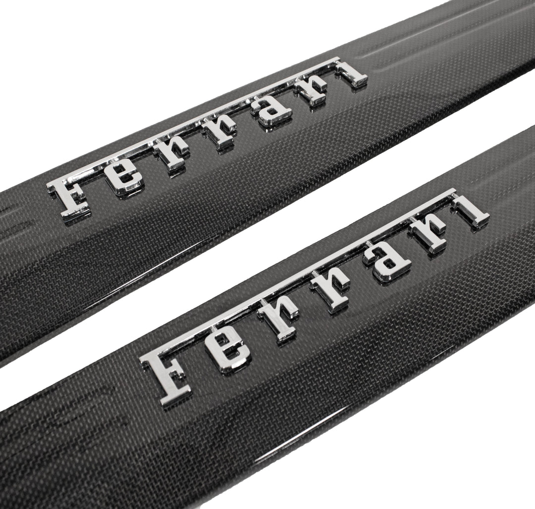 Carbon Fiber Door Sills with CHROME Raised Ferrari Script 458 Speciale Aperta Ferrari