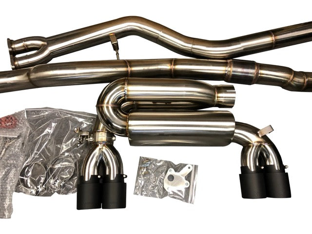 Active Autowerke F8X M3 M4 Signature Exhaust System includes Active F-brace - Carbon over Black Chrome Tips