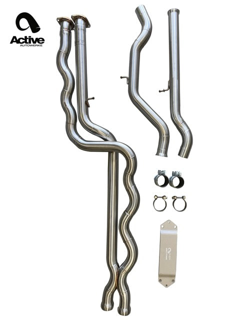 F8X BMW M3 & M4 Gen 2 Equal Length Mid Pipe includes Active F-brace-Rear Muffler Equal Length Mid Pipe w straight pipes