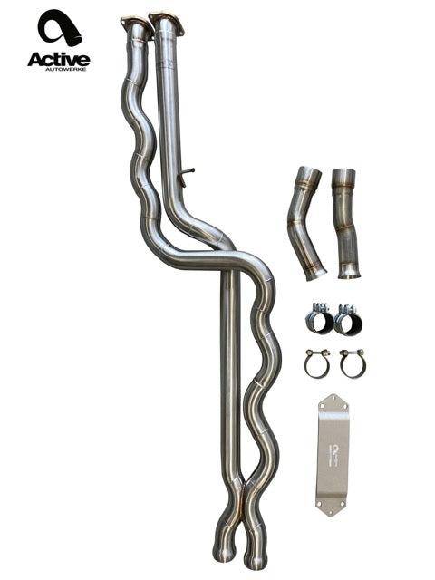 F8X BMW M3 & M4 Equal Length Mid Pipe includes Active F-brace-Rear Muffler Equal Length Mid Pipe w resonated pipes