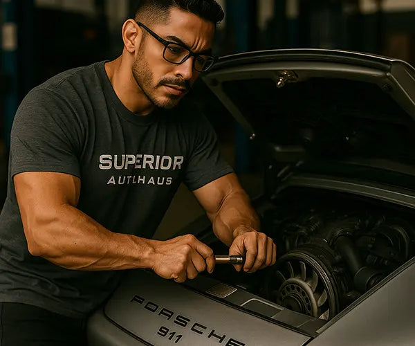 AI-generated image of a handsome, muscular man with black hair and glasses wearing a Superior Autohaus t-shirt and working on a Porsche 911. 