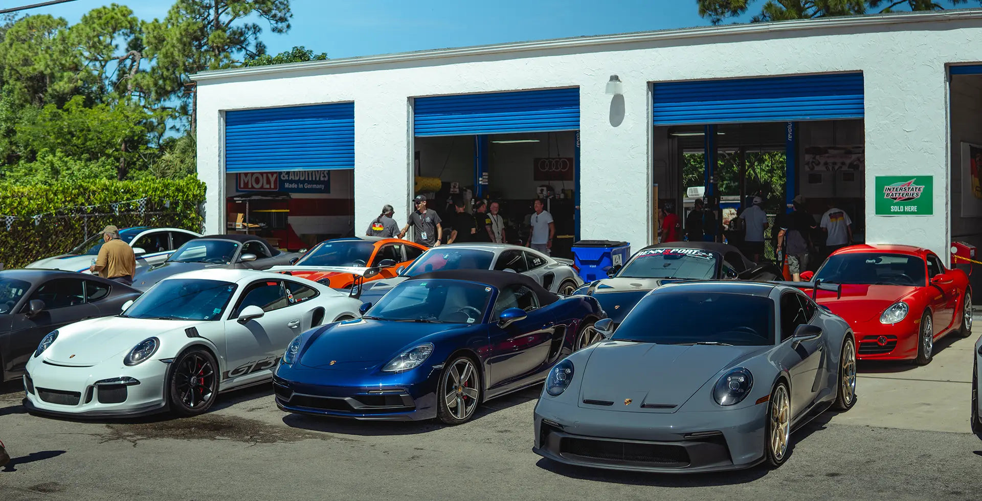Sports cars and super cars lined up in front of the Superior Autohuas garage in Bonita Springs. 
